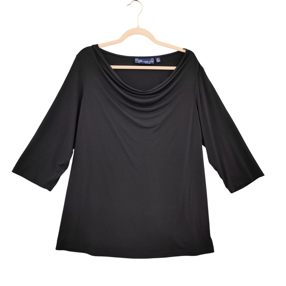 Susan Graver Womens Minimalist Officecore Cowl Top 1X Black 3/4 Sleeve Stretch